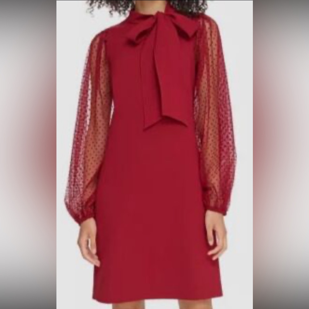 Vince Camuto  Dress with Sheer Dot Sleeves in Maroon